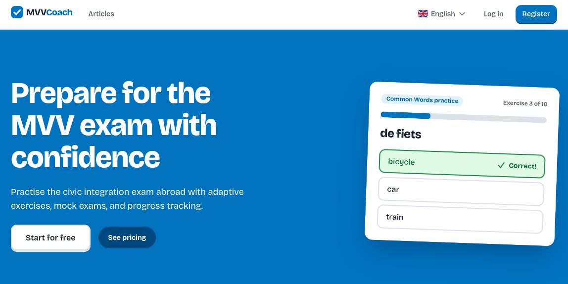MVVCoach landing page — prepare for the MVV exam with confidence